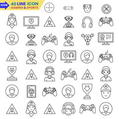 Trending gaming vector icon in line style. Sports and gaming line icon set on console, teddy, doodle, cup, brain, gaming controller, stick, gamepad, gadget, joypad, joystick, technology related icon.