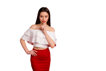 Portrait of magnificent stunning lady dont share information placing hands on waist isolated over red background