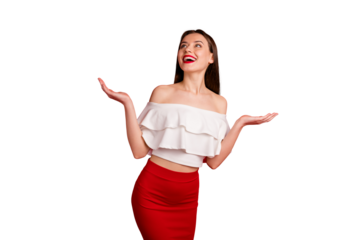 Portrait of nice lady look up hold palms wearing off-shoulders isolated over red background