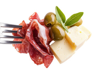 Sliced cured meat with green olives and cheese on fork with fresh leaves, delicious snack