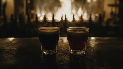 Two Steaming Cocktails Sit on a Bar Top in a Low Lit Bar with a Rack of Bottles in the Background