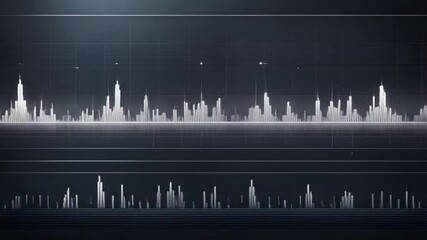 Data visualization of city skyline, overlaid with fluctuating graphs and metrics. Detailed view shows vertical data points overlaid with city structures - Powered by Adobe
