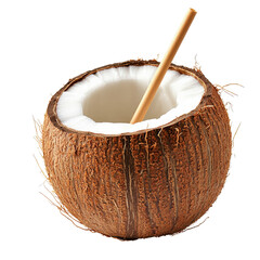 Brown coconut with white flesh and straw for drinking refreshing tropical fruit