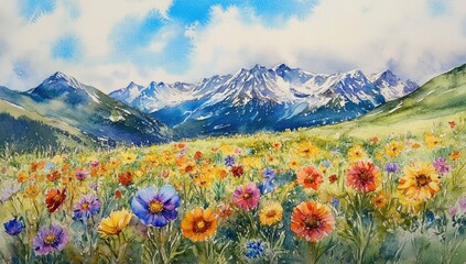 Fototapeta premium Alpine flower meadow with snow-capped peaks