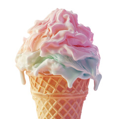 Melting pastel ice cream scoop on crispy waffle cone, creamy and colorful dessert treat