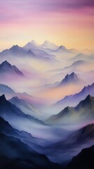 Obraz premium Misty mountains, purple sunset hues.