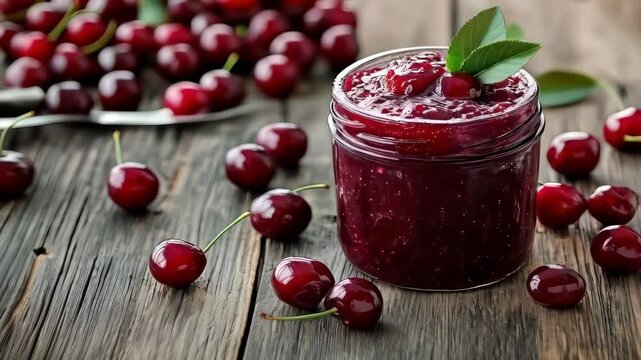 cherry jam in the jar and cherry berries on the wooden table