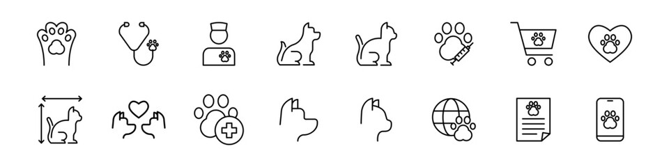 Pet care icons. Pet care vector set. Animal isolated sign. Grooming signs set. Cat nad dog line icon.