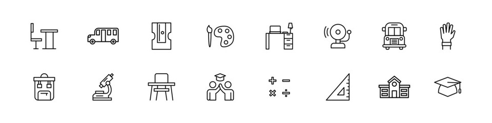 School icons. Back to school vector set. Isolated college line icon. Education icon set. Student  class sign. Desk line vector set.