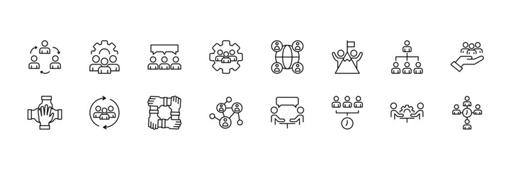 Management icons. Teamwork vector set. Leadership icon set. Team building signs. Brainstorming meeting sign. Cooperation efficiency achievement people icon set. Team work management isolated set.