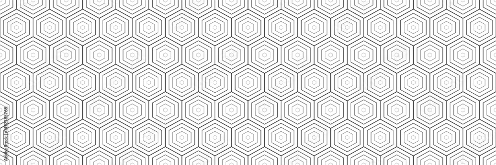 Poster horizontal seamless black blended outline hexagon design for pattern and background.