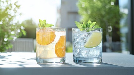 Fototapeta premium Refreshing Summer Drinks with Citrus and Mint Outdoors mint citrus outdoors summer drink beverage ai