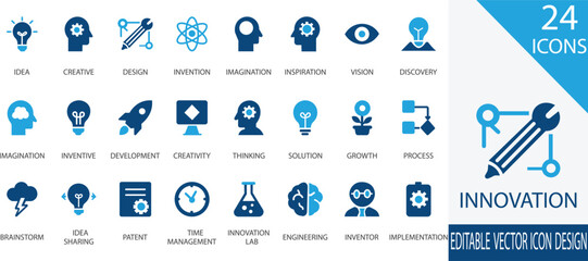 A modern vector icon set representing key concepts of innovation and creativity including ideas, invention, design thinking, inspiration, development, brainstorming, and engineering solutions. © Nagma