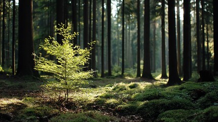 Obraz premium Young sapling in sunlit forest floor