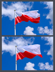 The flag of  Poland flutters in the wind in a blue sky with white clouds