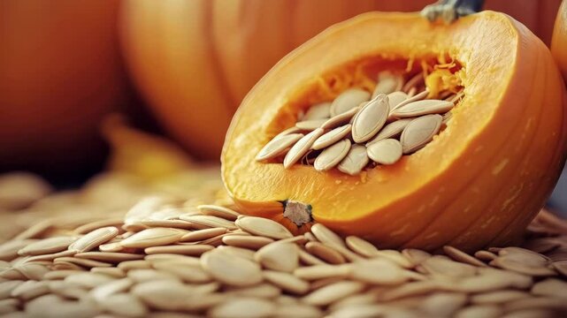 half of pumpkin with seeds inside
