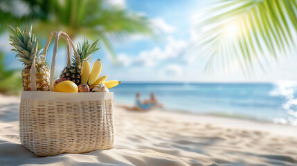 Obraz premium Beach bag filled with fresh fruits like pineapples and bananas sits on sandy shore, evoking tropical paradise