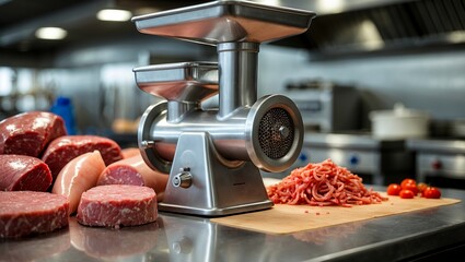Close up of industrial meat grinder in restaurant kitchen