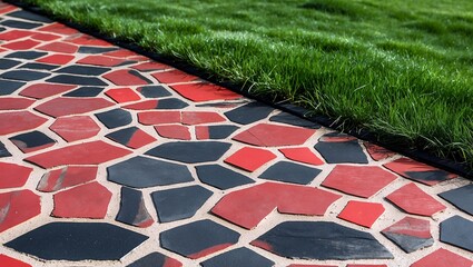 Close up of paved garden patio with tessellating tiles