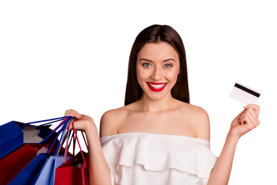 Close up photo of lovely person holding plastic card bags looking isolated over red background
