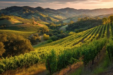 Naklejka premium Rolling Vineyard Hills at Sunset