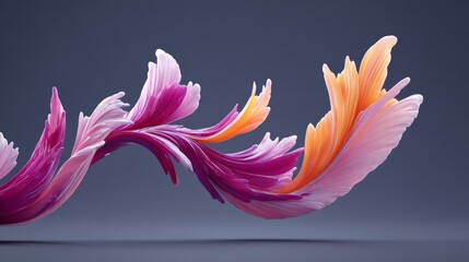 Colorful, abstract flower with pink and orange petals. The flower is floating in the air, giving the impression of movement and freedom. The vibrant colors and flowing lines create a sense of energy