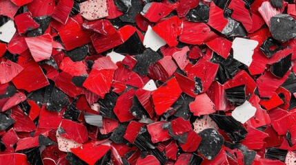 A pile of red, black, and white pieces of glass.