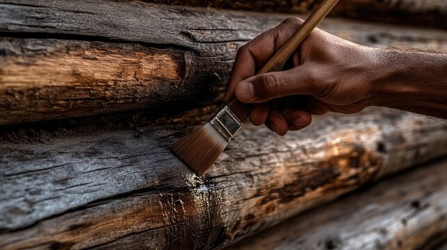 Hand painting a log cabin wall