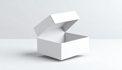 A simple, open white box sits on a clean surface, showcasing its empty interior against a minimalistic background