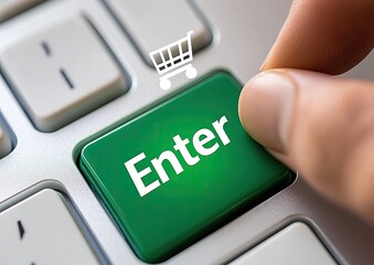 Finger presses the "Enter" key,  a shopping cart icon on top