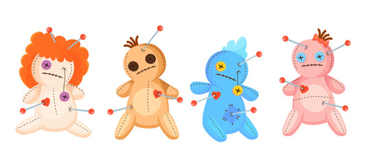 Voodoo dolls. Witch creepy doll with red heart, halloween magic toy cartoon scary puppet with needle set, vector illustration