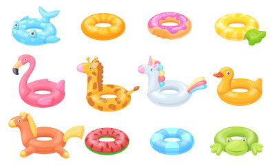 Fototapeta na wymiar Cartoon swimming rings. Swim ring, inflatable floater rubber circle tube summer beach pool kid toy animal design duck flamingo donut unicorn lifebuoy set, neat vector illustration
