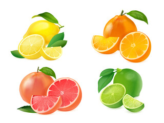 Realistic citrus fruits. 3d lemon grapefruit orange lime fresh juice vitamin c product juicy fruit slice with leaf tropical healthy food oranges set exact vector illustration
