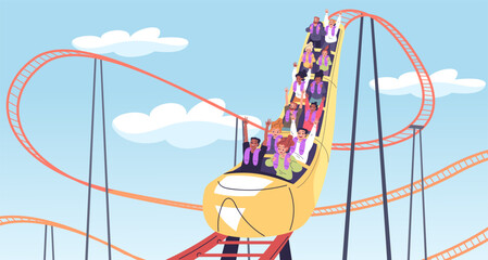 People roller coaster. Friends coworkers ride on rollercoaster in amusement park, thrill happy emotion extreme attraction fast train rail, summer holiday classy vector illustration