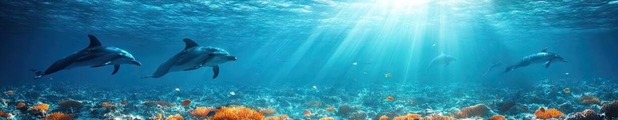 Sunlight streams through ocean water highlighting playful dolphins.