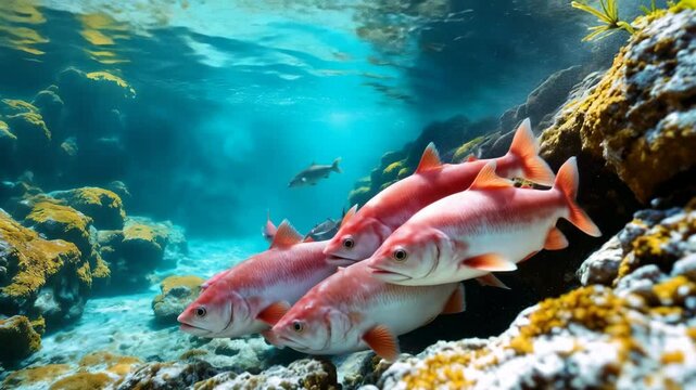 Group of red fish swimming in clear water with rocks. Red fish spawn in a mountain river  