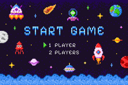 Arcade game start screen. Pixel videogame display interface, retro computer console platform vintage machine monitor 8 16 bit ui press play score gaming, swanky vector illustration