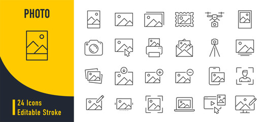 Photo web icons in line style. Photography, camera, print, photo card, collection. Vector illustration.