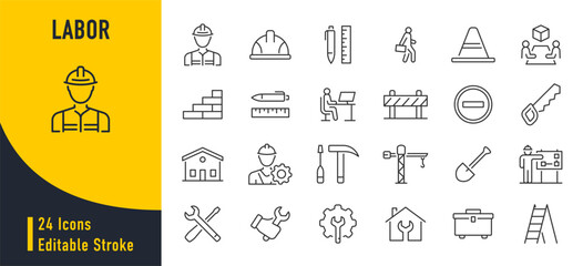 Labor web icons in line style. Labor day, construction, worker, gear, job, collection. Vector illustration.