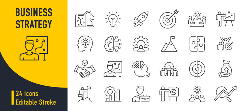 Business Strategy web icons in line style. Strategy, startup, teamwork, people, plan, payment, management, target, employee, infographic. Icon collection. Vector illustration.