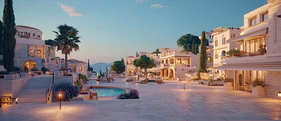 Pixelated Mediterranean Village At Dusk