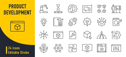 Product Development web icons in line style. Sturtup, funding, target, team, ipo, collection. Vector illustration.