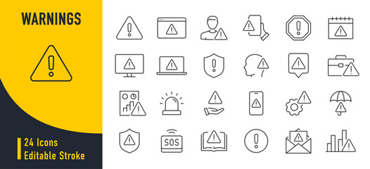 Warnings web icons in line style. Warning sign, alert, stop, notification, security, collection. Vector illustration.