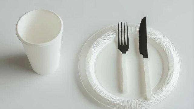 disposable plastic cup, plate, fork and knife on white background. Single-use tableware and environmental concept.
