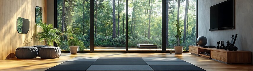 Modern zen living room with forest view