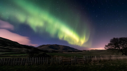 Aurora Borealis Over Rural Landscape At Night
