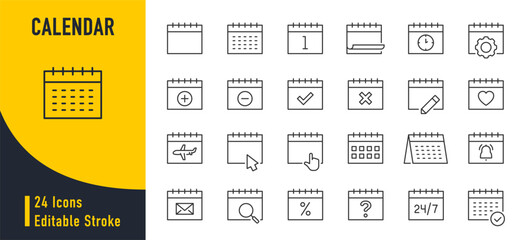 Calendar web icons in line style. Time and seasons, date, week, months, day, year, settings, collection. Vector illustration.Web