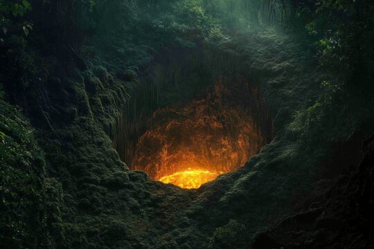 A massive sinkhole opens in the middle of a forest, revealing a glowing cavern below