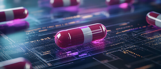 Digital Illustration Of Medical Pills On Circuit Board