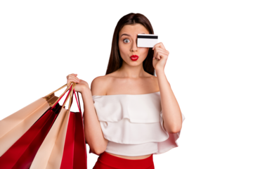 Portrait of adorable lady hide face with credit card holding bright bags dressed white off-shoulders isolated over red background